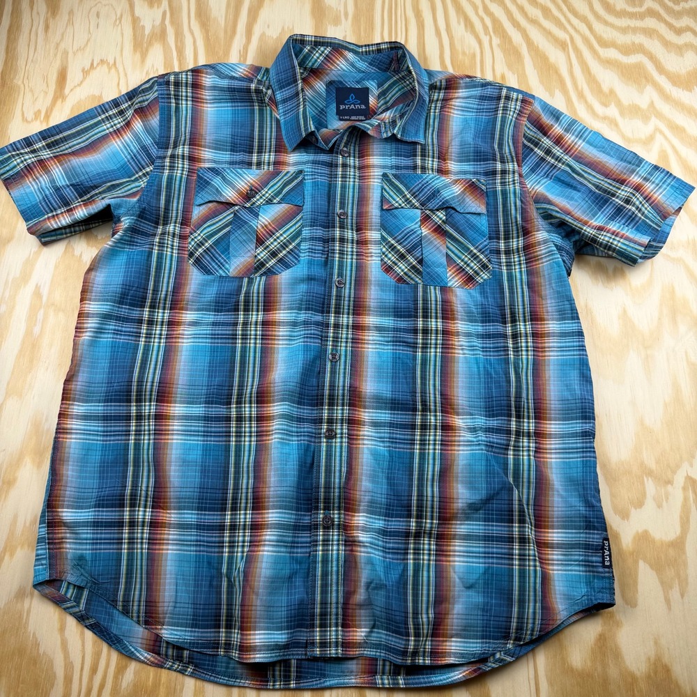 Prana Mens XL Short Sleeve Plaid Button Down Shirt Blue Orange Outdoor Casual